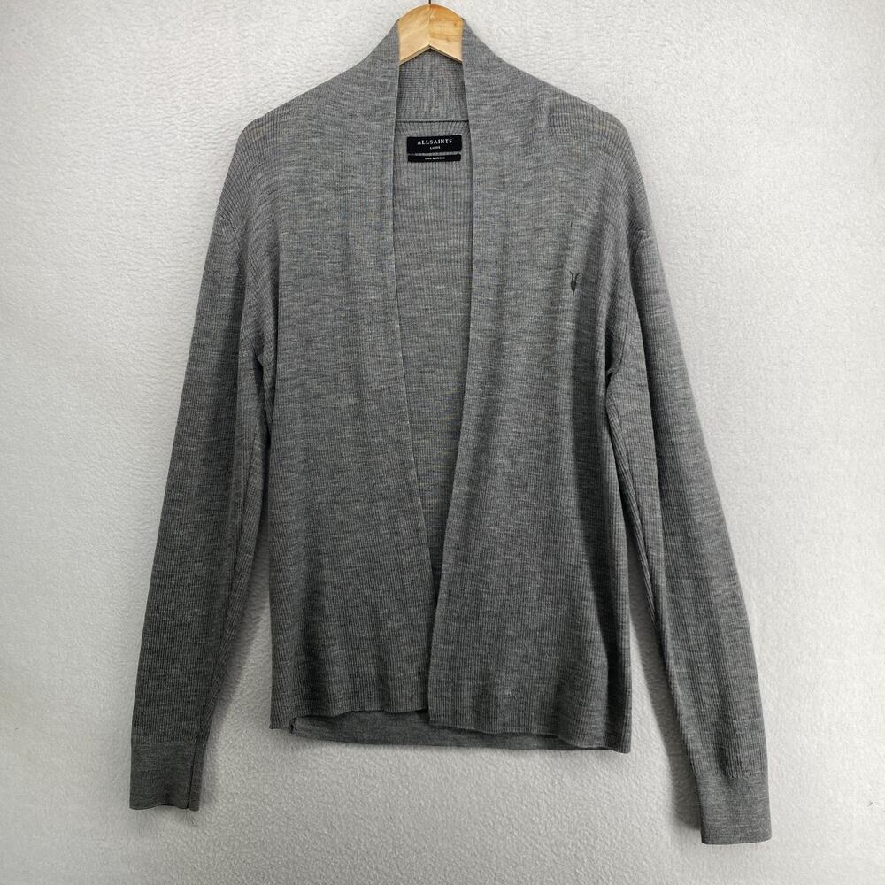 ALL SAINTS Cardigan Mens L Mode 100% Merino Wool Ribbed Shawl Open Front Gray